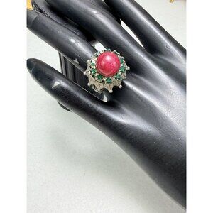 Vintage Silver Tone Statement Ring Sz 6.5 Adjustable Red Stone Green Accents